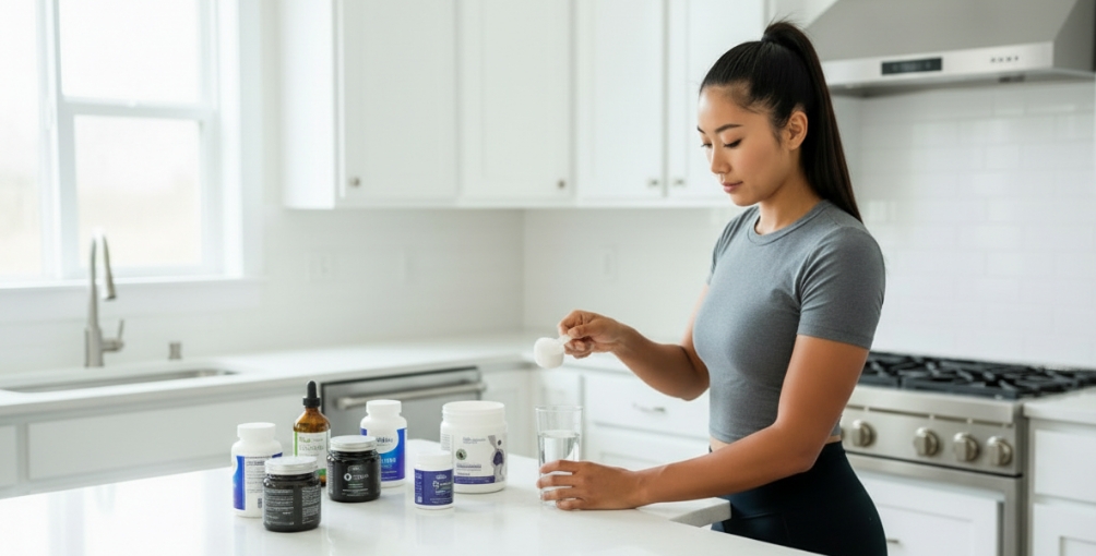 サプリメントを摂取する女性トレーニー