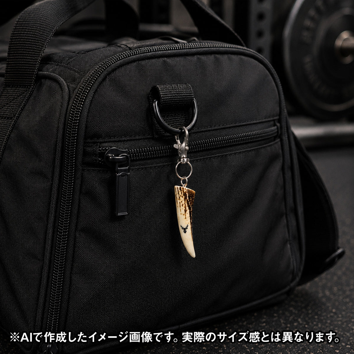 黒いバッグに取り付けた鹿角キーホルダーの使用例